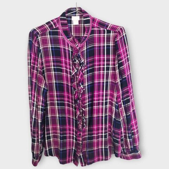 Chicos Womens Blouse Sz 12 Flannel Ruffles Button Shirt Purple Preppy #570315357 - Picture 2 of 16